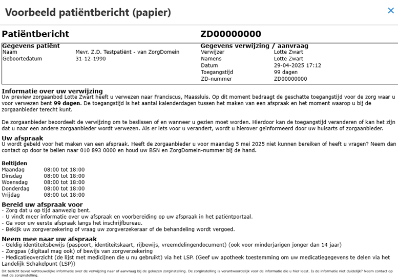 Voorbeeld Zorgdomein verwijzing op papier
